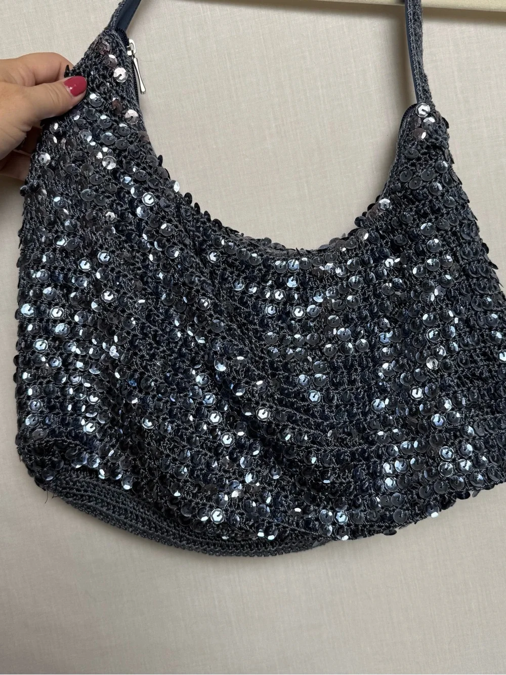 Y2K Style Sequin Crochet Hobo Bag Gray Silver Shoulder Purse Zip Lined